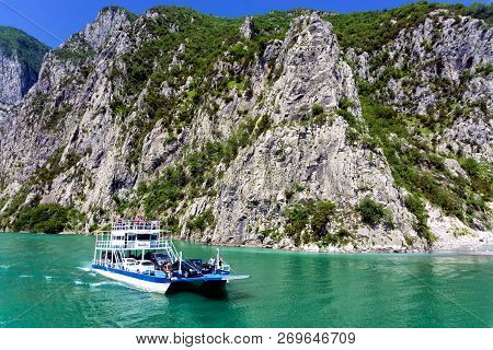 Komani Lake, Albania - April 26: Landscape Of Koman Lake With Ferry In Albania On April 26, 2018