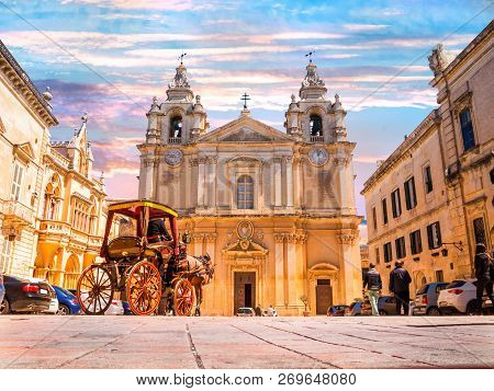 Beautiful Famous Saint Poul Cathedral In Mdina Village Of Malta, Europe