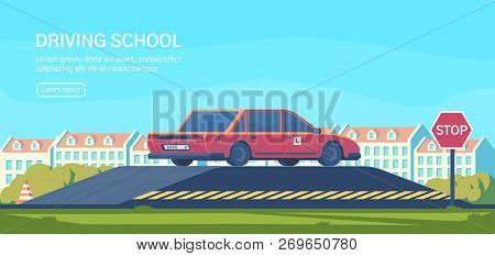 Driving School. Practical Testing Of Maneuvers And Exercises To Improve Driving Skills. Flat Vector 