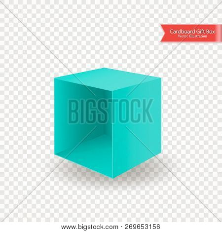 Single Open Empty Cardboard Green Blue Box Without Lid Or Cover. Packing Lying On Its Side. Object I