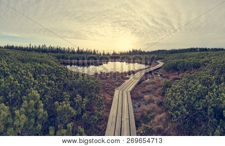 Spectacular Sunset View Of A Lake Surrounded By Wetlands.