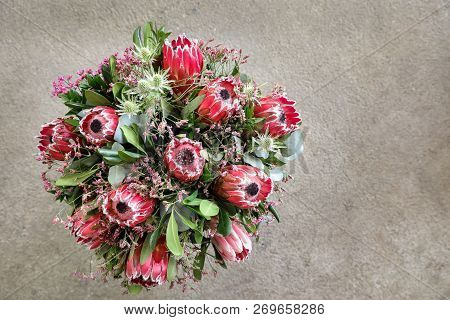 Beautiful Fresh Flower Arrangement Of Protea Macrocephala Flowers.