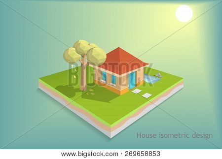 Small House On Green Field With Sunset Background, Tree Low Poly Design, House Isometric Design, And