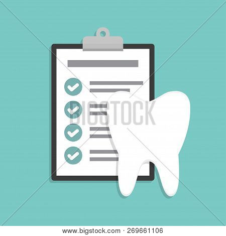 Dental Check. Clipboard With Checklist And Tooth In A Flat Design.
