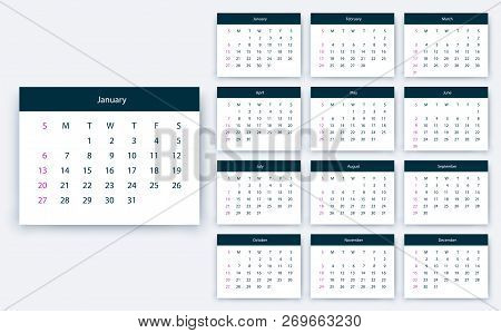 Simple Calendar 2019 Yesr, Stock Vector Design Eps10.