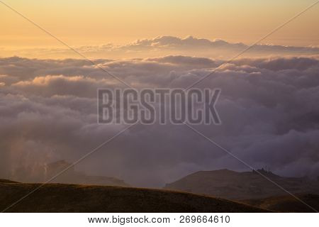 Sunset And Landscape Above Thick Clouds Near Bcharre, Lebanon
