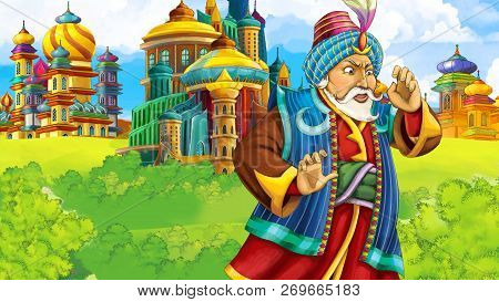 Cartoon Scene With Medieval Arabic Kingdom Prince Or King Traveling - Far East Ornaments - The Stage
