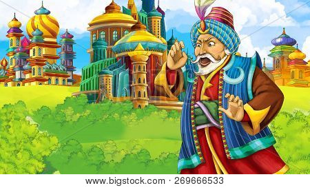 Cartoon Scene With Medieval Arabic Kingdom Prince Or King Traveling - Far East Ornaments - The Stage