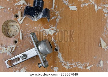 Installation Of Chipboard Furniture In A Carpentry Workshop. Accessories And Tools For Carpenters.