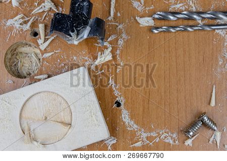 Installation Of Chipboard Furniture In A Carpentry Workshop. Accessories And Tools For Carpenters.