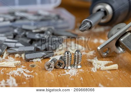 Installation Of Chipboard Furniture In A Carpentry Workshop. Accessories And Tools For Carpenters.