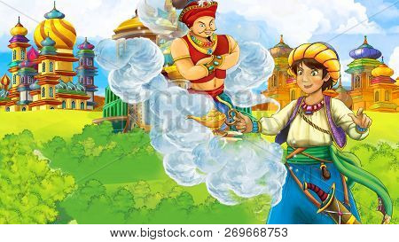 Cartoon Scene With Medieval Arabic Kingdom Prince Or King Traveling Encountering Magician - Far East