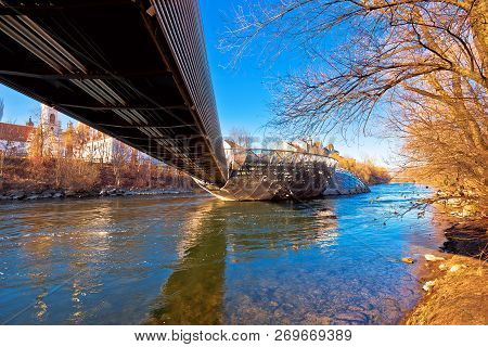 Mur River And Murinsel Island In Graz Under The Bridge View, Styria Region Of Austria