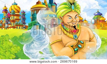 Cartoon Scene With Medieval Arabic Kingdom Prince Or King Magician Traveling - Far East Ornaments - 