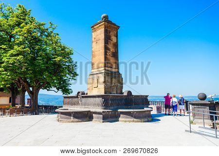 Fountain Monument Or Brunnen Denkmal At The Ehrenbreitstein Fortress In Koblenz. Koblenz Is City On 
