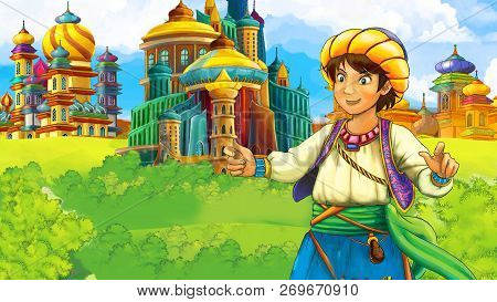 Cartoon Scene With Medieval Arabic Kingdom Prince Or King Traveling - Far East Ornaments - The Stage