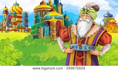 Cartoon Scene With Medieval Arabic Kingdom Prince Or King Traveling - Far East Ornaments - The Stage