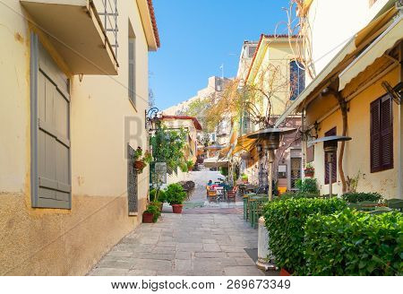 Small Cosy Street Of Famous Placa Old Town District In Athens, Greece
