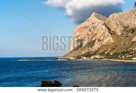 View Of The Capo Gallo Mount And Gulf Of Sferracavallo On Mediterranean Sea In Province Of Palermo, 