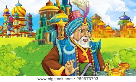 Cartoon Scene With Medieval Arabic Kingdom Prince Or King Traveling - Far East Ornaments - The Stage