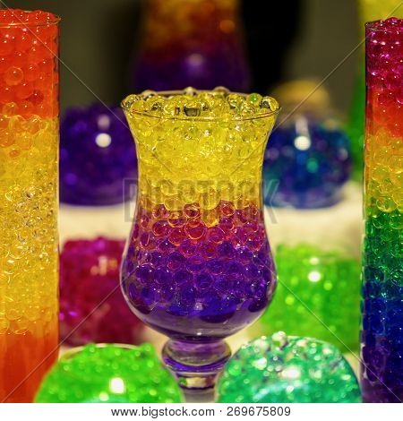 Glass Vase With A Absorbent Balls Of Hydrogel, Bright Colored Colors