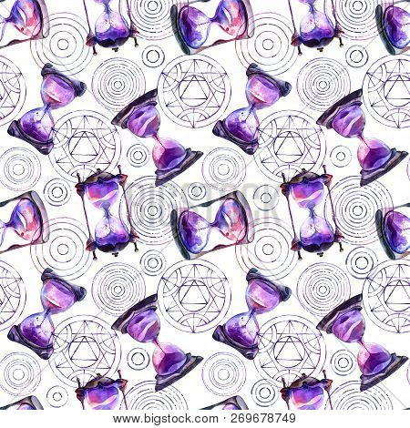Alchemical Sand Hourglasses And Transmutation Circles, Watercolor Painting On White Background, Seam