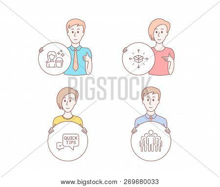 People Set Of Quick Tips, Cleaning And Parcel Delivery Icons. Group Sign. Helpful Tricks, Maid Servi