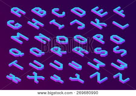 Bold Colorful Isometric Pixel 3d Font. Modern Bright Uppercase Geometric Alphabet Letters Set. Stock