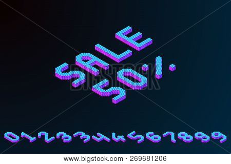 Bold Colorful Isometric Pixel 3d Font. Modern Bright Uppercase Geometric Alphabet Numbers Set. Stock