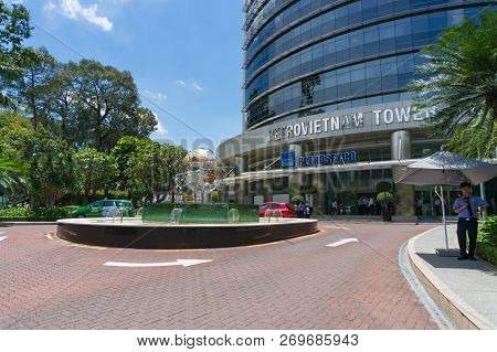Ho Chi Minh City, Vietnam - August 24, 2017: Toa Nha Petrovietnam Tower Building Front Entrance