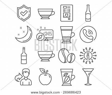 Set Of Wine, Beer And Coffee Vending Icons. Coffee Beans, Martini Glass And Dry Cappuccino Signs. Do