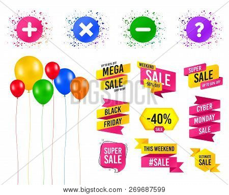 Balloons Party. Sales Banners. Plus And Minus Icons. Delete And Question Faq Mark Signs. Enlarge Zoo