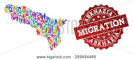 People Migration Traffic Combination Of Mosaic Map Of Abkhazia And Rubber Seal Stamp. Mosaic Map Of 