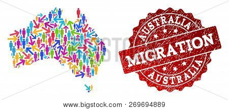 People Migration Traffic Collage Of Mosaic Map Of Australia And Rubber Seal Stamp. Mosaic Map Of Aus