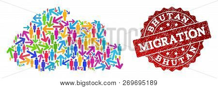 People Migration Traffic Combination Of Mosaic Map Of Bhutan And Unclean Seal Stamp. Mosaic Map Of B