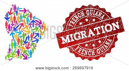 People Migration Traffic Collage Of Mosaic Map Of French Guiana And Unclean Seal. Mosaic Map Of Fren