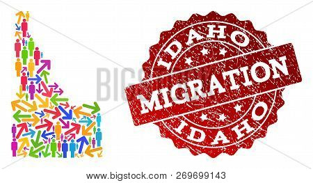 People Migration Traffic Combination Of Mosaic Map Of Idaho State And Scratched Seal Stamp. Mosaic M