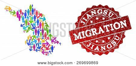 People Travel Traffic Combination Of Mosaic Map Of Jiangsu Province And Dirty Stamp. Mosaic Map Of J