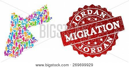 People Migration Traffic Combination Of Mosaic Map Of Jordan And Corroded Seal Stamp. Mosaic Map Of 