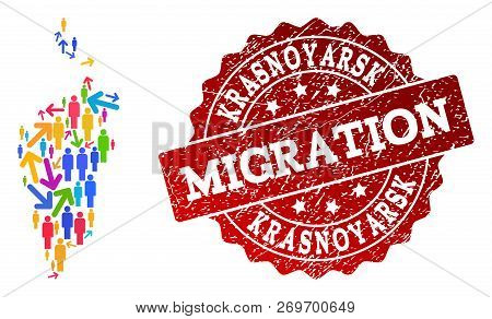 People Travel Traffic Collage Of Mosaic Map Of Krasnoyarskiy Kray And Scratched Seal Stamp. Mosaic M