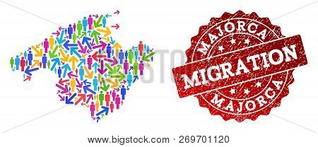 People Migration Traffic Composition Of Mosaic Map Of Majorca And Rubber Seal Stamp. Mosaic Map Of M