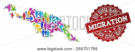 People Migration Traffic Collage Of Mosaic Map Of New Guinea Island And Textured Seal. Mosaic Map Of