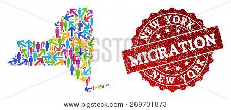 People Travel Traffic Collage Of Mosaic Map Of New York State And Corroded Stamp. Mosaic Map Of New 