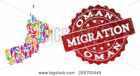 People Migration Traffic Composition Of Mosaic Map Of Oman And Scratched Seal. Mosaic Map Of Oman Is