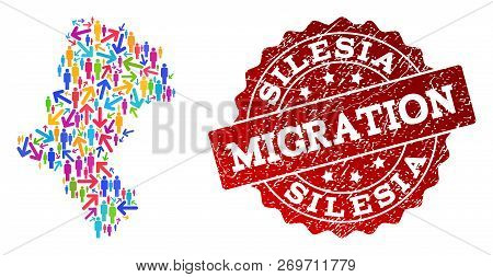 People Migration Traffic Combination Of Mosaic Map Of Silesia Voivodeship And Corroded Seal. Mosaic 