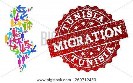 People Migration Traffic Collage Of Mosaic Map Of Tunisia And Grunge Stamp. Mosaic Map Of Tunisia Is