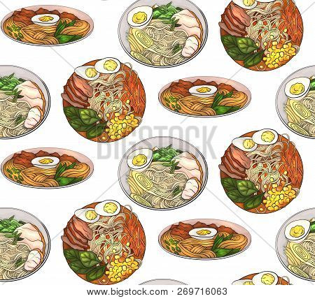 Seamless Pattern With Coloring Cartoon Illustration Of  Ramen In Different Angles. Noodles. Vector T