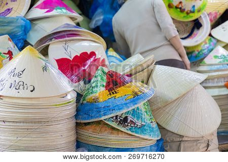 Traditional Bamboo Hats Made On Hue, Local Market. Souvernir From Vietnam.