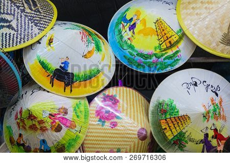 Traditional Bamboo Hats Made On Hue, Local Market. Souvernir From Vietnam.