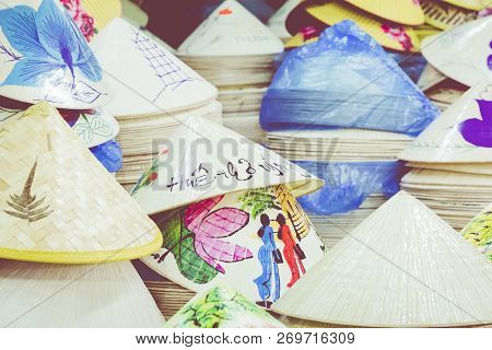 Traditional Bamboo Hats Made On Hue, Local Market. Souvernir From Vietnam.
